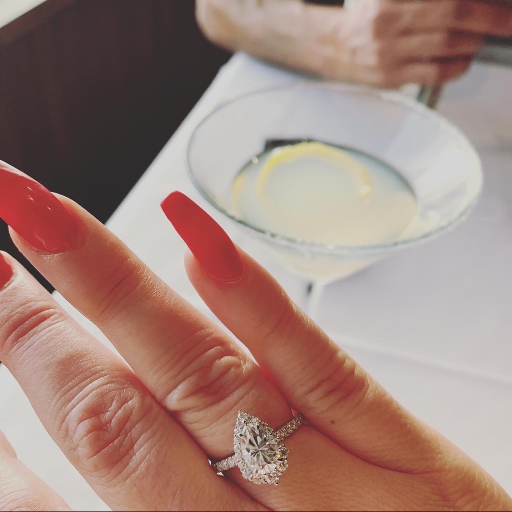 2ct pear DovEggs moissanite ring with halo